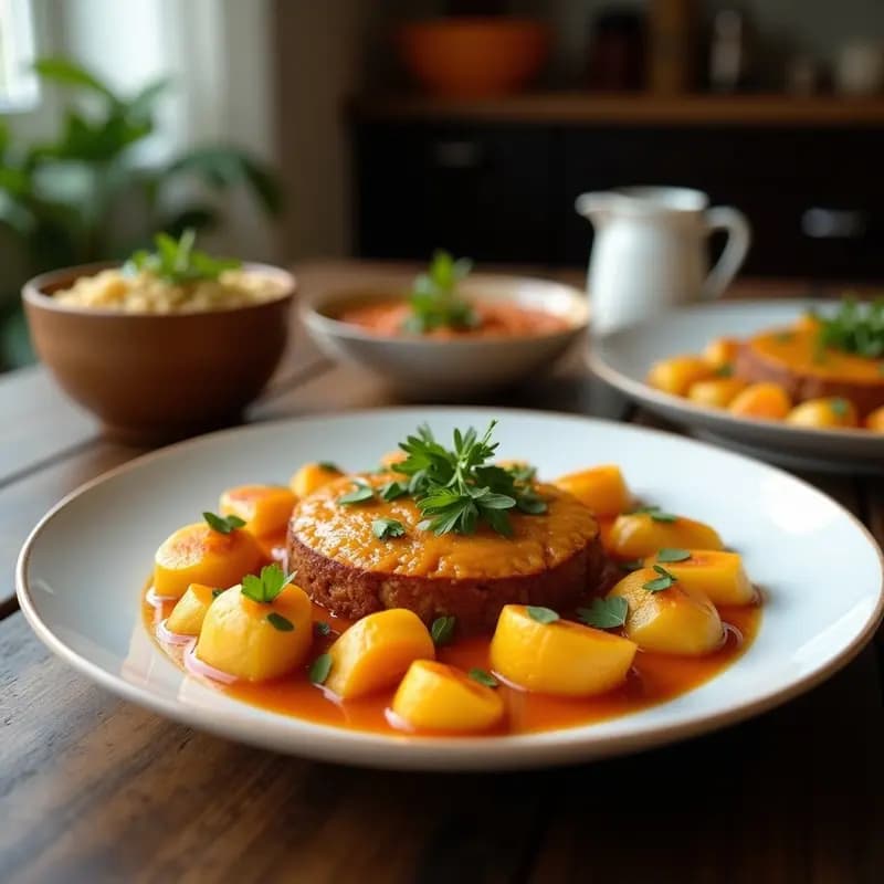 Plato hondo de barro con ajiaco colombiano vegano: sopa cremosa de tres patatas, rodajas de mazorca amarilla, guascas verdes y cubos de aguacate. Decorado con hilos de crema de anacardos y cilantro fresco. Fondo rústico con textura de madera.