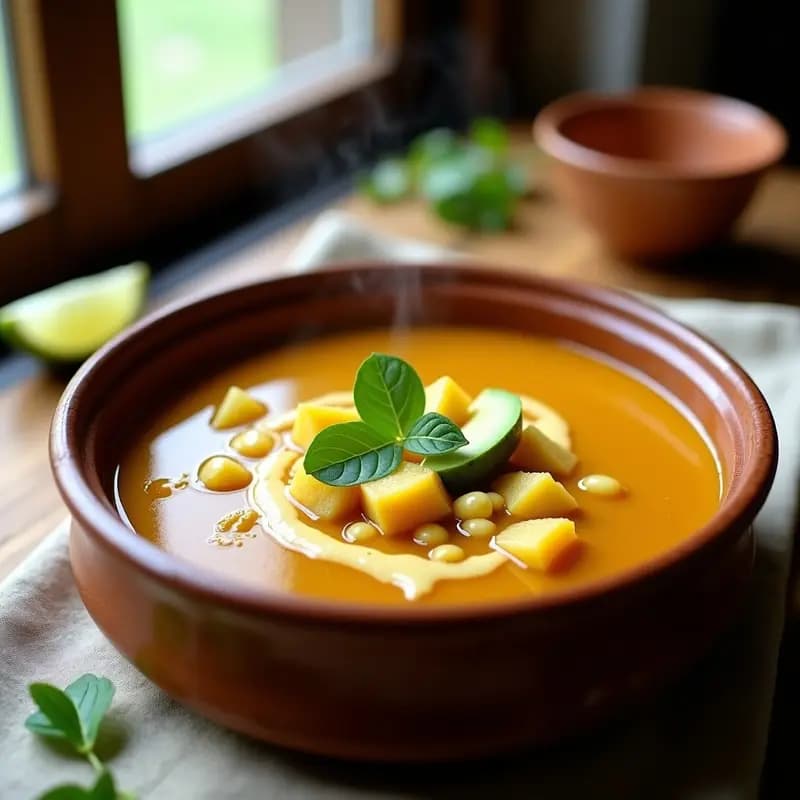 Plato hondo de cerámica blanca con ajiaco vegano espeso, cubos de papa criolla amarilla, ñame y yuca, granos de maíz tierno, decorado con guascas frescas, rodajas de aguacate y un hilo de crema de anacardos. Fondo rústico con textura de madera.