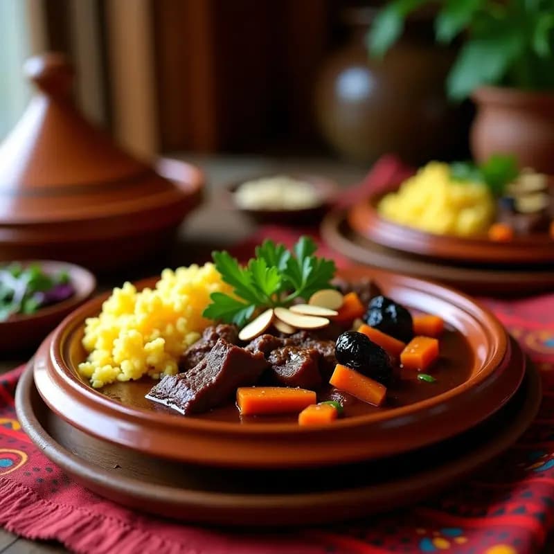 Aczna de Res con Ciruelas Pasas servido en un plato hondo de barro, con trozos de carne de res dorada bañados en una salsa espesa y brillante de color ámbar, ciruelas pasas enteras, almendras tostadas y cilantro fresco picado. Guiso marroquí dulce y salado con especias visibles.