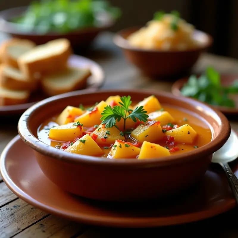 Plato hondo de barro con ajo arriero con patatas, cremoso y dorado, con trozos de pan y perejil fresco espolvoreado. Receta tradicional riojana de ajo y pimentón.