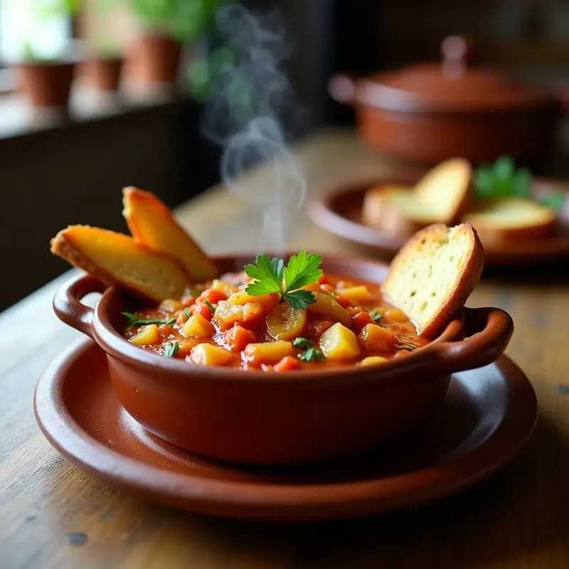 Cazuela de barro humeante con Ajo Arriero Riojana, salsa espesa de bacalao desmenuzado, patata y pimiento choricero, servida sobre pan tostado rústico.