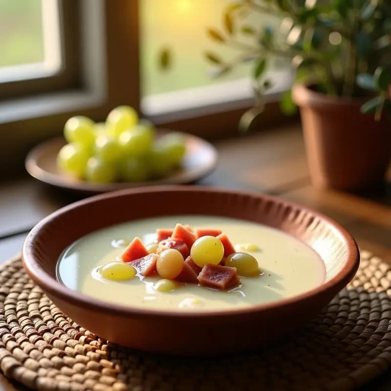 Cuenco blanco rústico con ajoblanco andaluz cremoso, decorado con uvas verdes partidas y taquitos de jamón serrano. Fondo de mesa de madera con aceitunas y una rebanada de pan.