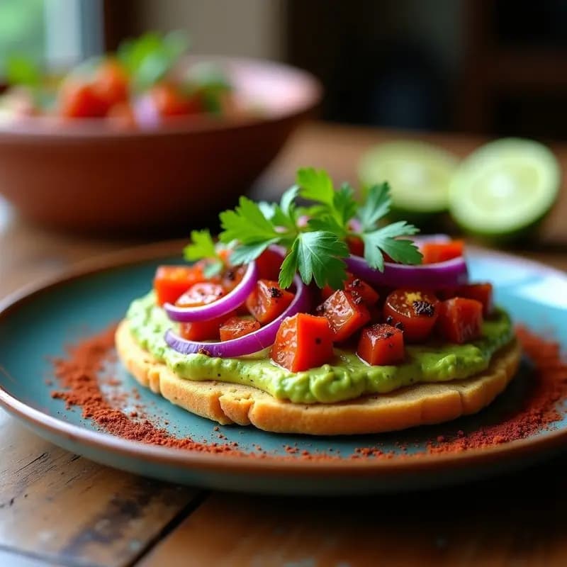 Tostada de maíz azul con capas de aguacate cremoso, jitomate rojo en cubos, cebolla morada y cilantro, espolvoreada con chile en polvo ahumado. Plato vegano mexicano fresco y colorido sobre fondo de madera rústica.