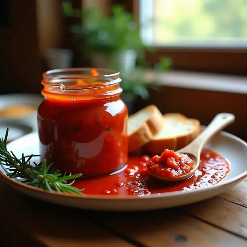 Tarro de vidrio transparente lleno de ajvar balcánico de pimiento asado y berenjena, con textura cremosa y color rojo oscuro, acompañado de una cuchara de madera y rodajas de pan rústico a un lado.