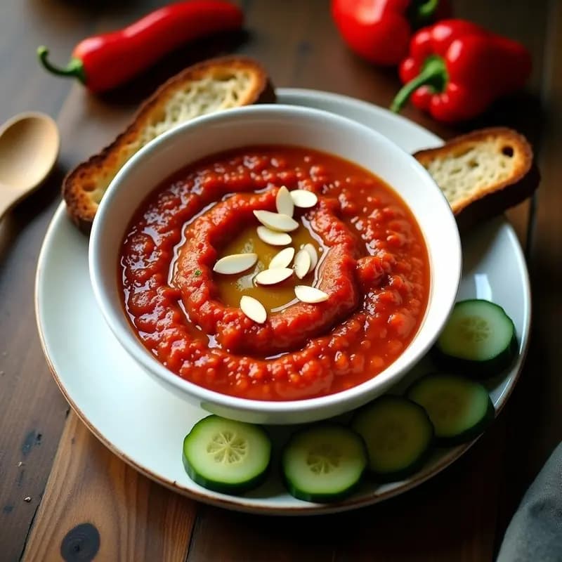 Bowl de cerámica blanca con ajvar de pimiento rojo asado vegano, textura cremosa y color rojo intenso, decorado con almendras fileteadas tostadas y un chorrito de aceite de oliva virgen extra. Acompañado de pan de centeno tostado y rodajas de pepino fresco sobre una tabla de madera rústica.