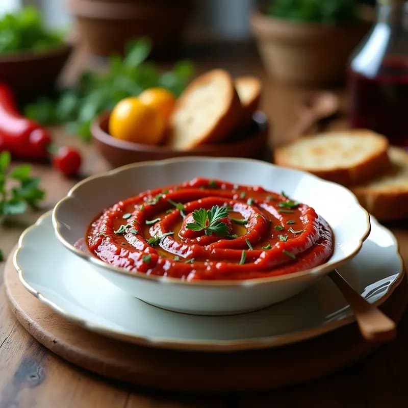 Ajvar de pimientos rojos y berenjena en un bol rústico de cerámica, con textura cremosa y trocitos visibles de pimiento y berenjena asada, decorado con perejil fresco y un chorrito de aceite de oliva, acompañado de pan tostado y crackers. Salsa balcánica vegana para untar.