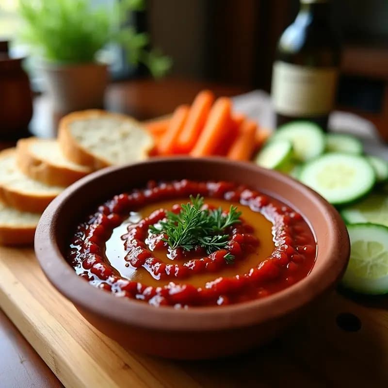 Bol de barro con ajvar de pimientos asados y berenjena, textura cremosa y color rojo intenso, decorado con perejil fresco y un hilo de aceite de oliva. Acompañado de pan tostado y crudités en una tabla de madera rústica.