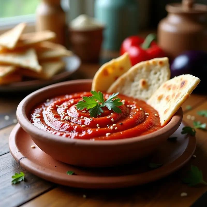 Bol de barro con ajvar de pimientos rojos asados de textura cremosa y color rojo intenso, decorado con semillas de sésamo y perejil fresco. Acompañado de triángulos de pan de pita tostado y dorado, dispuesto en una tabla de madera rústica con fondos borrosos de especias y aceite de oliva.