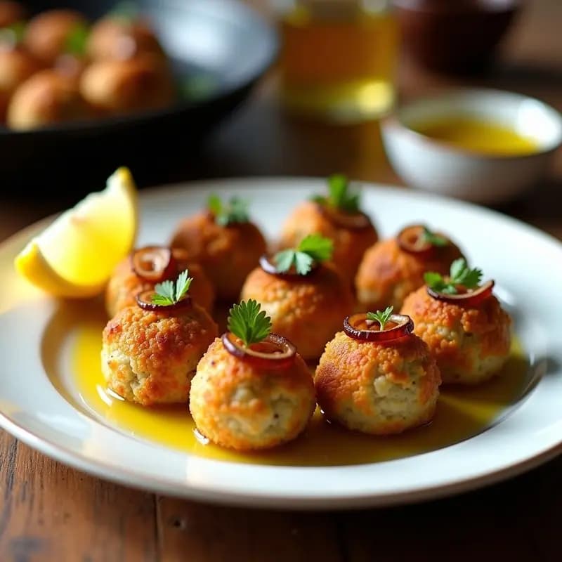 Plato blanco rústico con albóndigas de atún y pan rallado doradas, decoradas con cebolla caramelizada y perejil fresco, servidas en sartén antiadherente con fondo borroso de cocina tradicional.