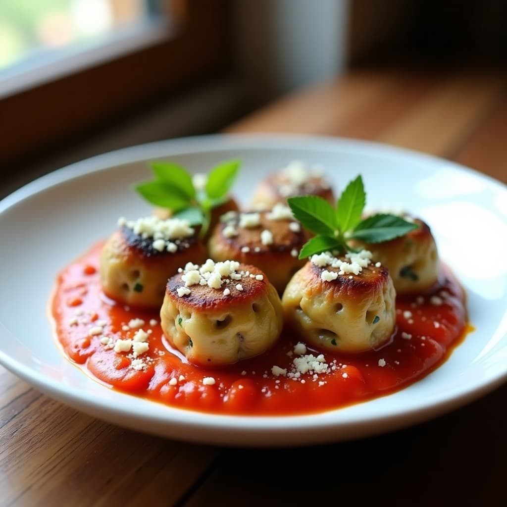 Plato blanco con albóndigas doradas de berenjena ahumada y queso pecorino, servidas sobre salsa de tomate natural y decoradas con perejil fresco. Receta italiana en Thermomix, sin gluten y alta en proteína.