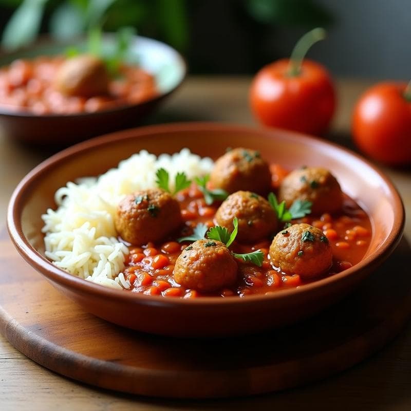 Plato hondo de barro con albóndigas doradas de berenjena y lentillas corail bañadas en salsa de tomate espesa, decoradas con perejil fresco y acompañadas de arroz blanco. Receta francesa vegana en olla express.