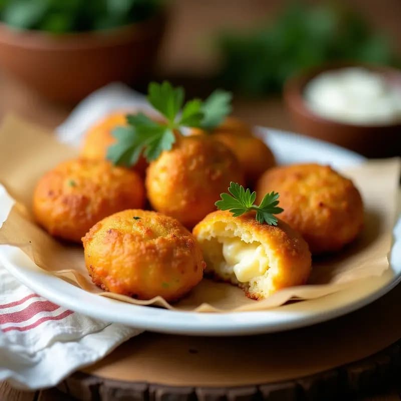 Plato blanco con albóndigas doradas y crujientes de berenjena y queso Idiazábal, servidas sobre papel de horno, con perejil fresco espolvoreado y un fondo rústico de madera. Receta de tapa vasca sin gluten en airfryer.