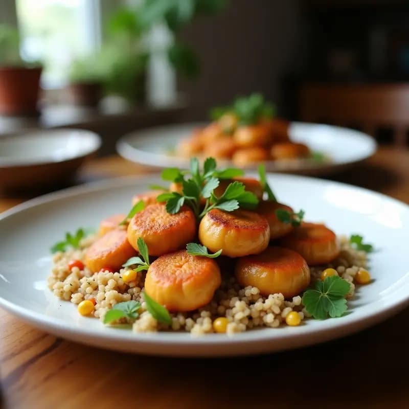 Plato blanco con albóndigas de berenjena y quinoa doradas, espolvoreadas con semillas de sésamo, sobre un fondo de madera rústica. Acompañadas de un bol de salsa de yogur con menta y una ramita de perejil fresco.