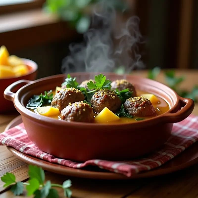 Olla de barro con albóndigas de berza y patata, receta andaluza de invierno alta en fibra, servida con caldo espeso y verduras tiernas.