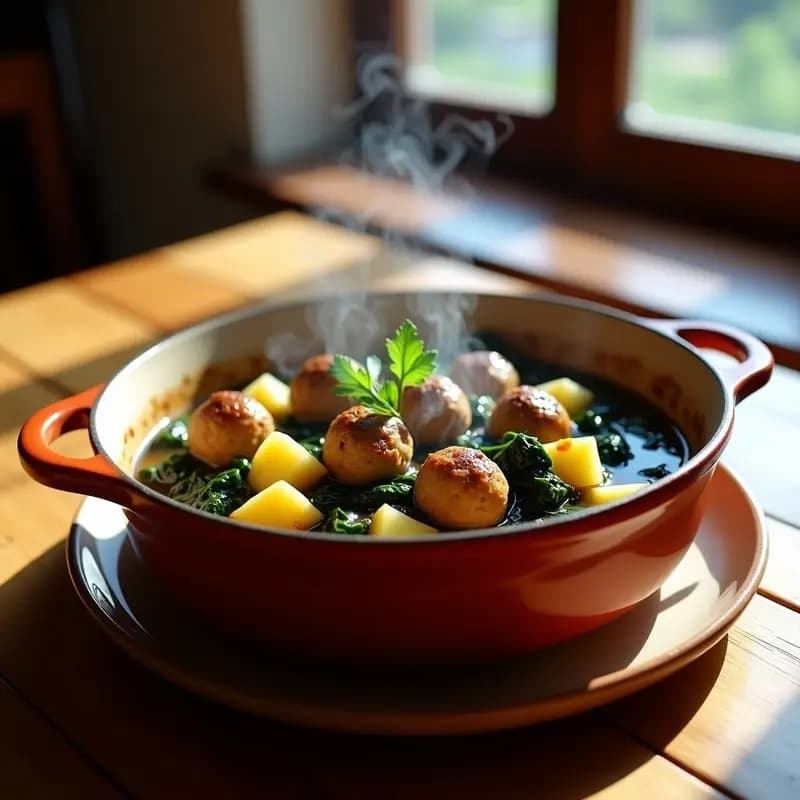 Cazuela de barro humeante con albóndigas de berza y patatas estofadas, guiso tradicional sevillano de invierno, trozos de berza verde oscura y patatas doradas sumergidas en un caldo espeso, decorado con perejil fresco picado.