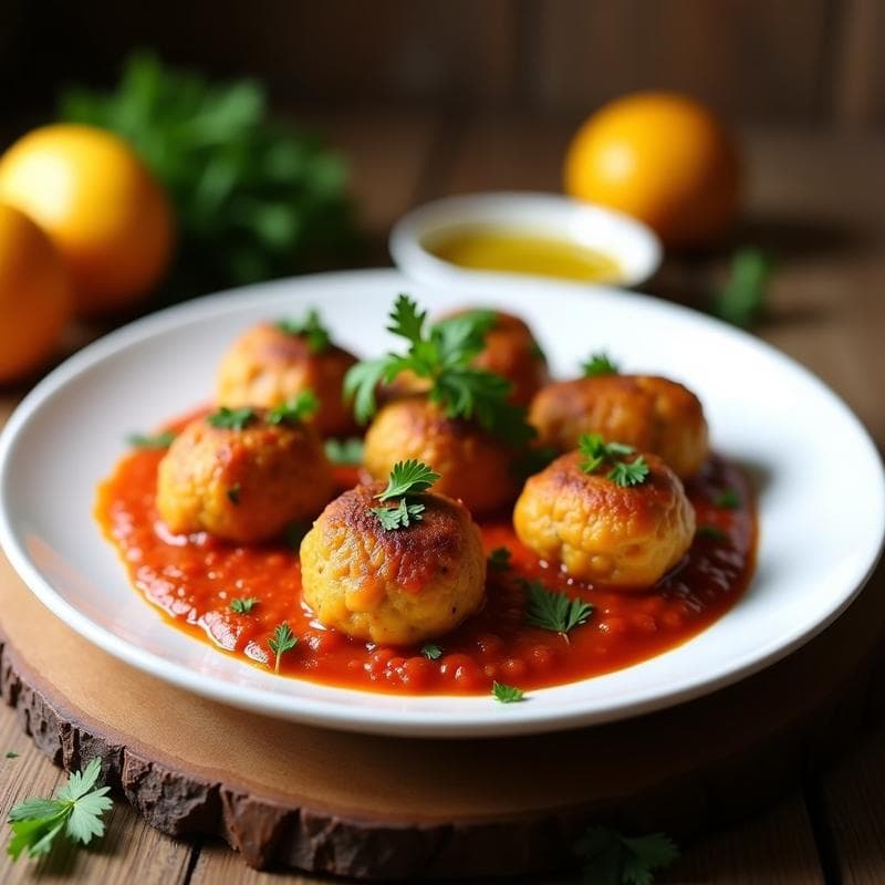 Plato hondo blanco con albóndigas doradas de calabaza butternut y queso de castañas, bañadas en salsa de tomate espesa, acompañadas de perejil fresco picado y un chorrito de aceite de oliva virgen extra. Receta vegana en olla exprés.