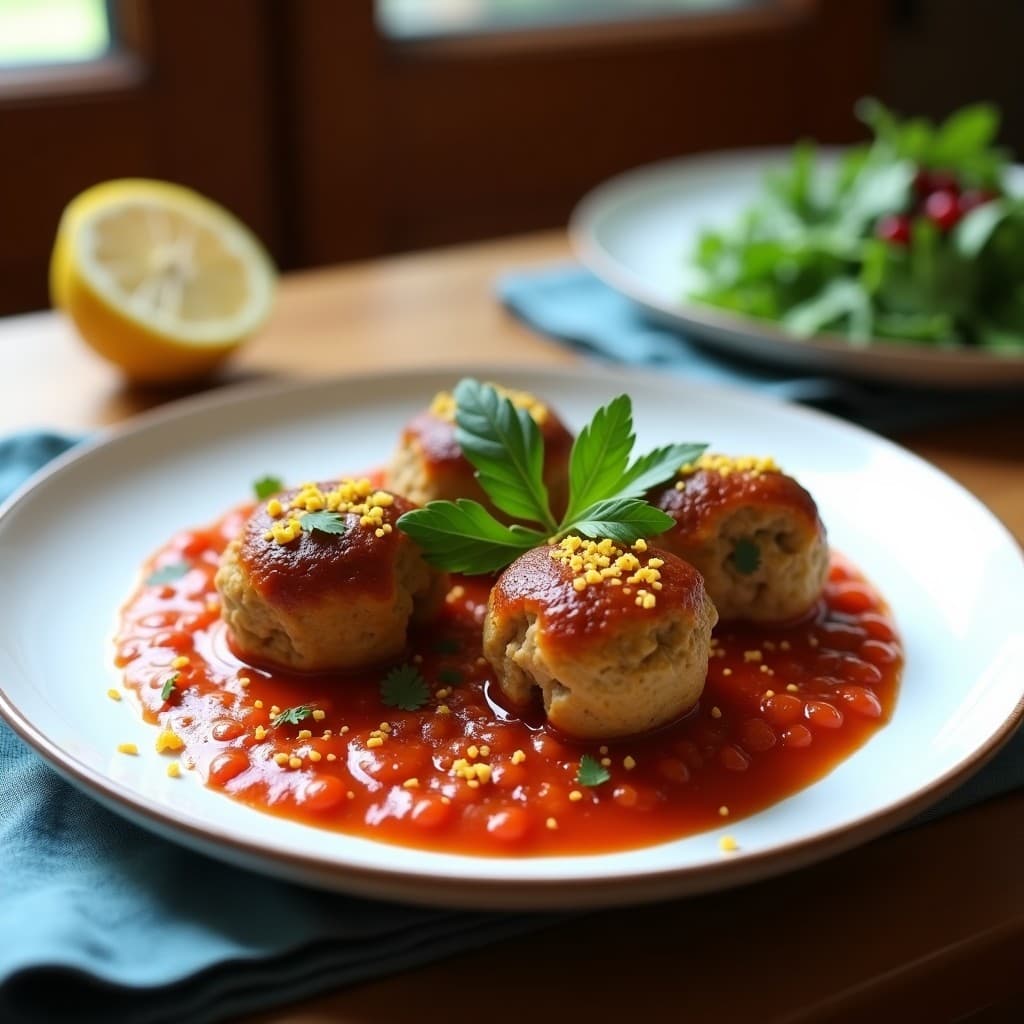 Plato de albóndigas de lentejas y arancia confitada veganas, doradas y jugosas, servidas sobre un lecho de salsa de tomate casera con almendras fileteadas tostadas y perejil fresco. Receta italiana con toque cítrico.
