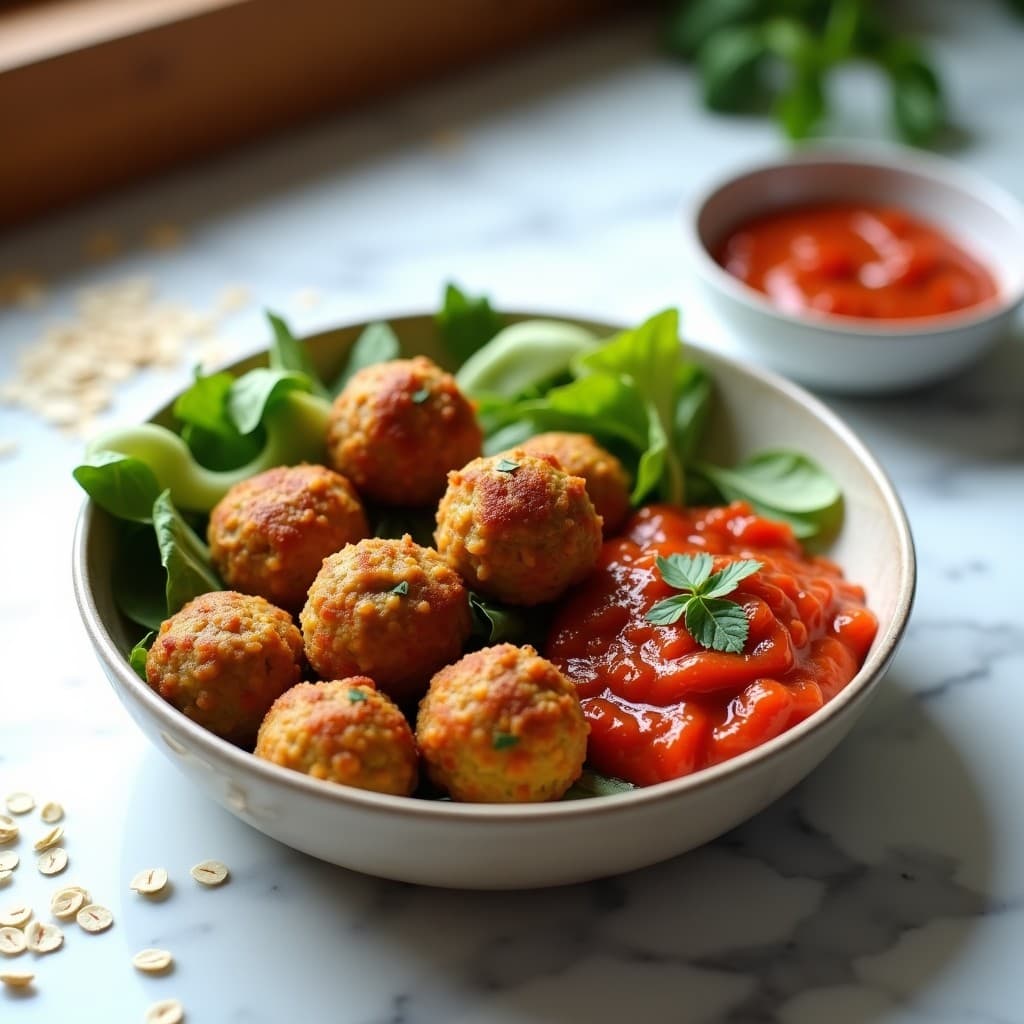 Albóndigas de lentejas y avena veganas en Thermomix, doradas y jugosas, servidas en un tupper de cristal con tapadera. Acompañadas de una salsa de tomate casera y decoradas con perejil fresco. Plato ideal para llevar al trabajo.