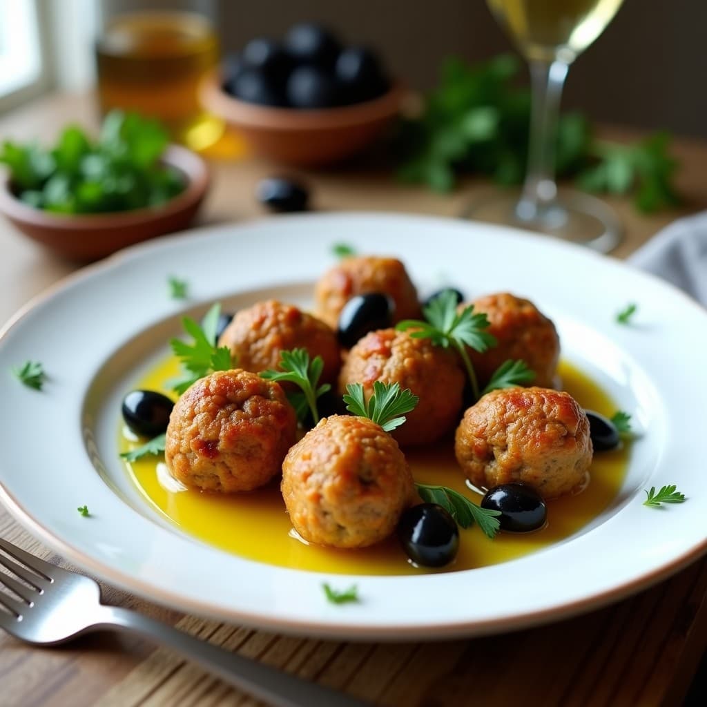 Plato blanco con albóndigas doradas de lentejas Corail y aceitunas negras, servidas con hierbas frescas y un hilo de aceite de oliva, estilo francés gourmet, receta vegana en Thermomix.