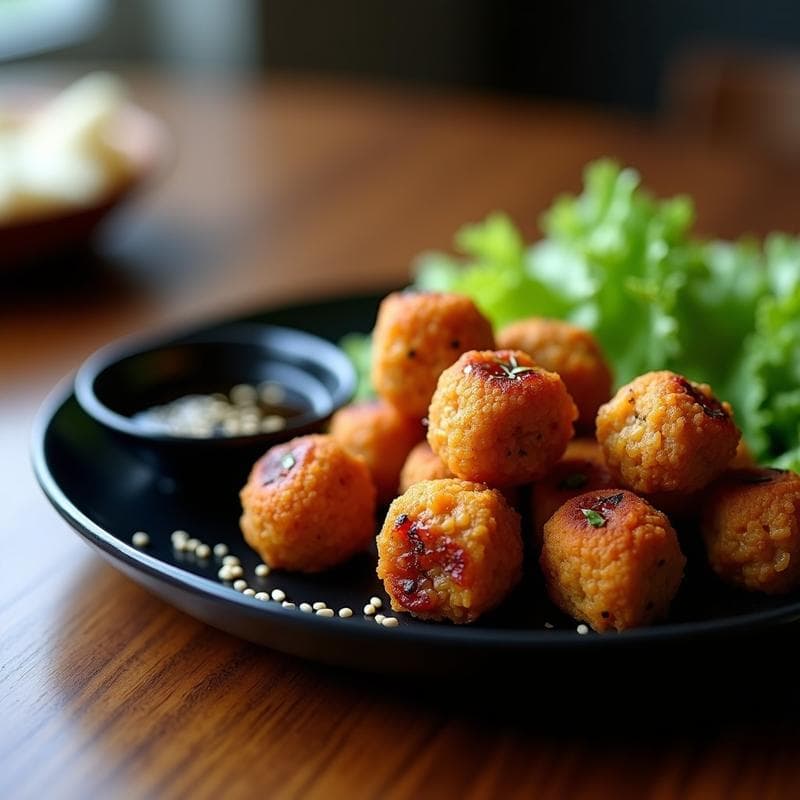 Albóndigas doradas de lentejas rojas y algas nori servidas en un plato blanco, con semillas de sésamo visibles y acompañadas de una salsa oscura, receta japonesa en airfryer sin harina.