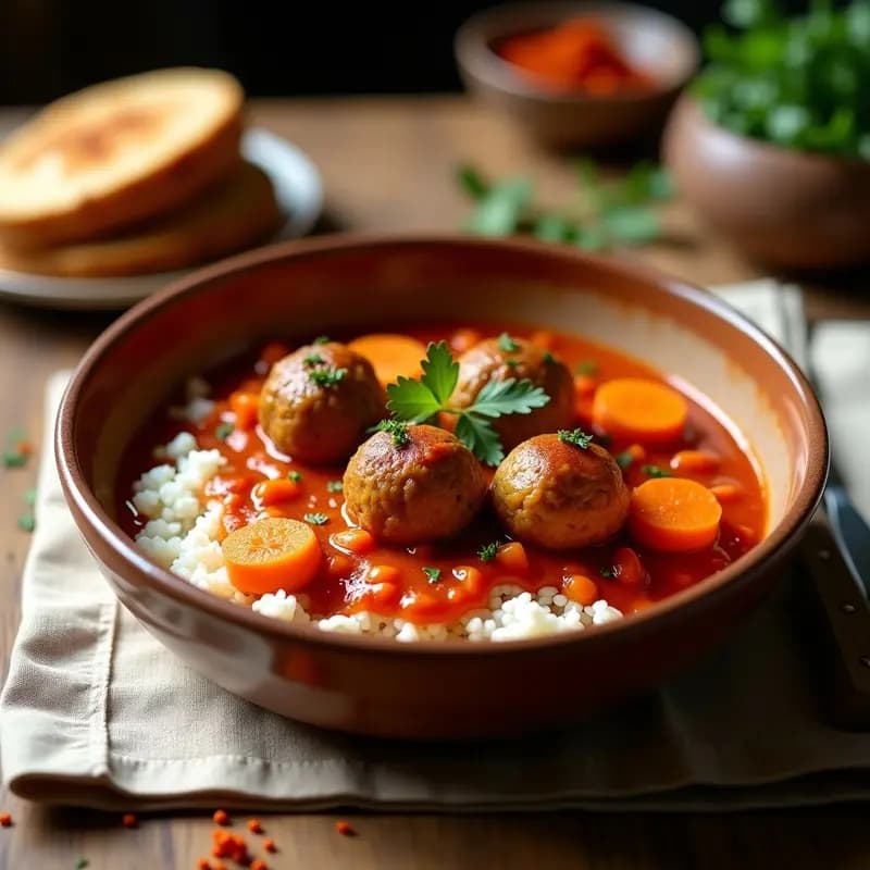 Plato hondo de barro con albóndigas de lentejas corail y zanahoria en salsa de tomate, servidas sobre un lecho de arroz blanco. Las albóndigas son doradas, esponjosas y están cubiertas de una salsa espesa y brillante. Acompañadas de perejil fresco picado y rodajas de zanahoria asada como decoración.