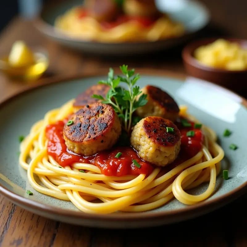 Plato blanco con albóndigas doradas de merluza y algas espagueti keto, servidas con aliño de limón y perejil fresco, fondo rústico y algas decorativas.