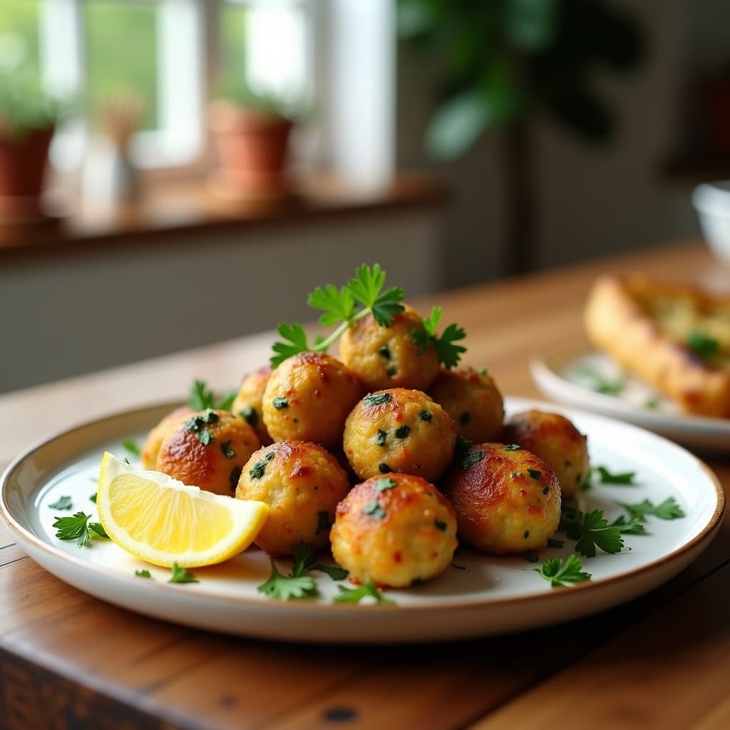 Plato blanco con albóndigas de merluza y espinacas doradas en airfryer, servidas sobre un lecho de espinacas frescas y decoradas con rodajas de limón. Receta española baja en grasas y alta en proteínas.