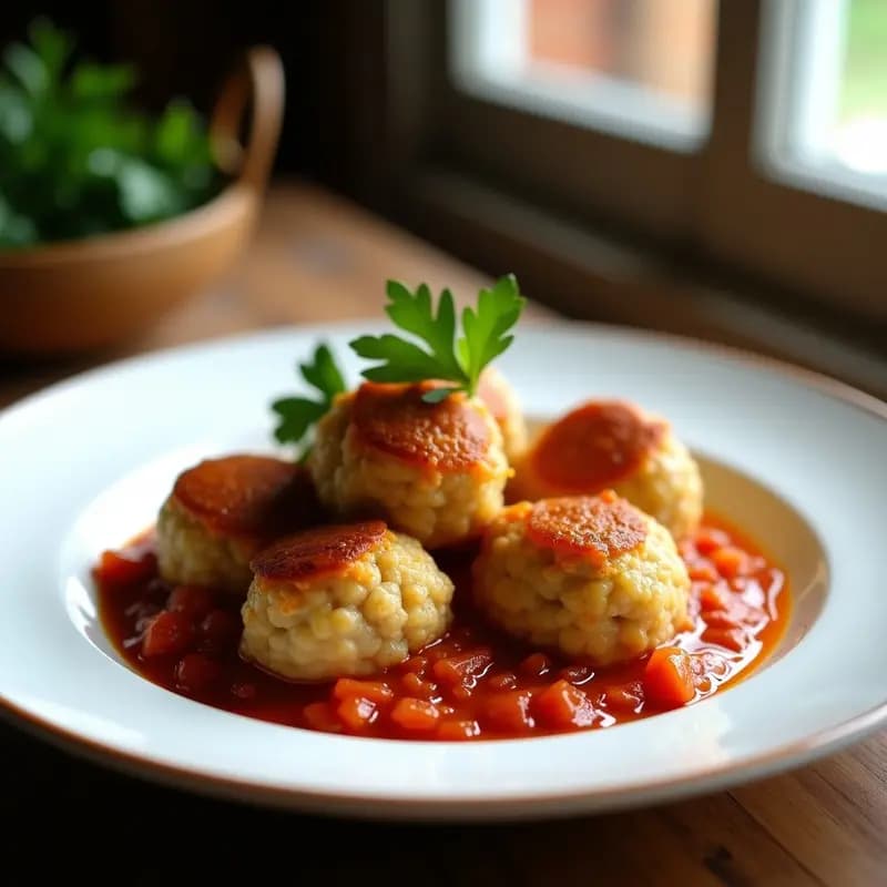 Albóndigas doradas de merluza y quinoa servidas en un plato blanco con salsa de tomate y cebolla, receta española alta en proteína y sin lactosa.