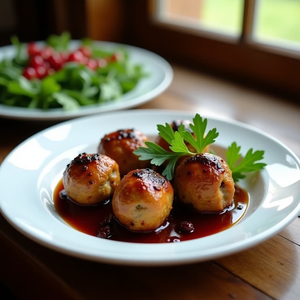 Plato blanco con albóndigas de pavo doradas y jugosas, bañadas en salsa espesa de oporto con trocitos de pasas visibles, decoradas con perejil fresco y acompañadas de una ensalada verde.
