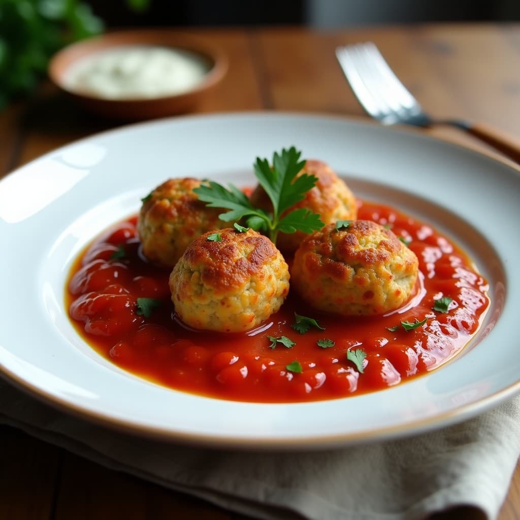 Plato blanco con albóndigas de tempeh y anchoas veganas doradas al Airfryer, bañadas en salsa de tomate casera y decoradas con perejil fresco. Fondo rústico con servilleta de lino y tenedor de madera.