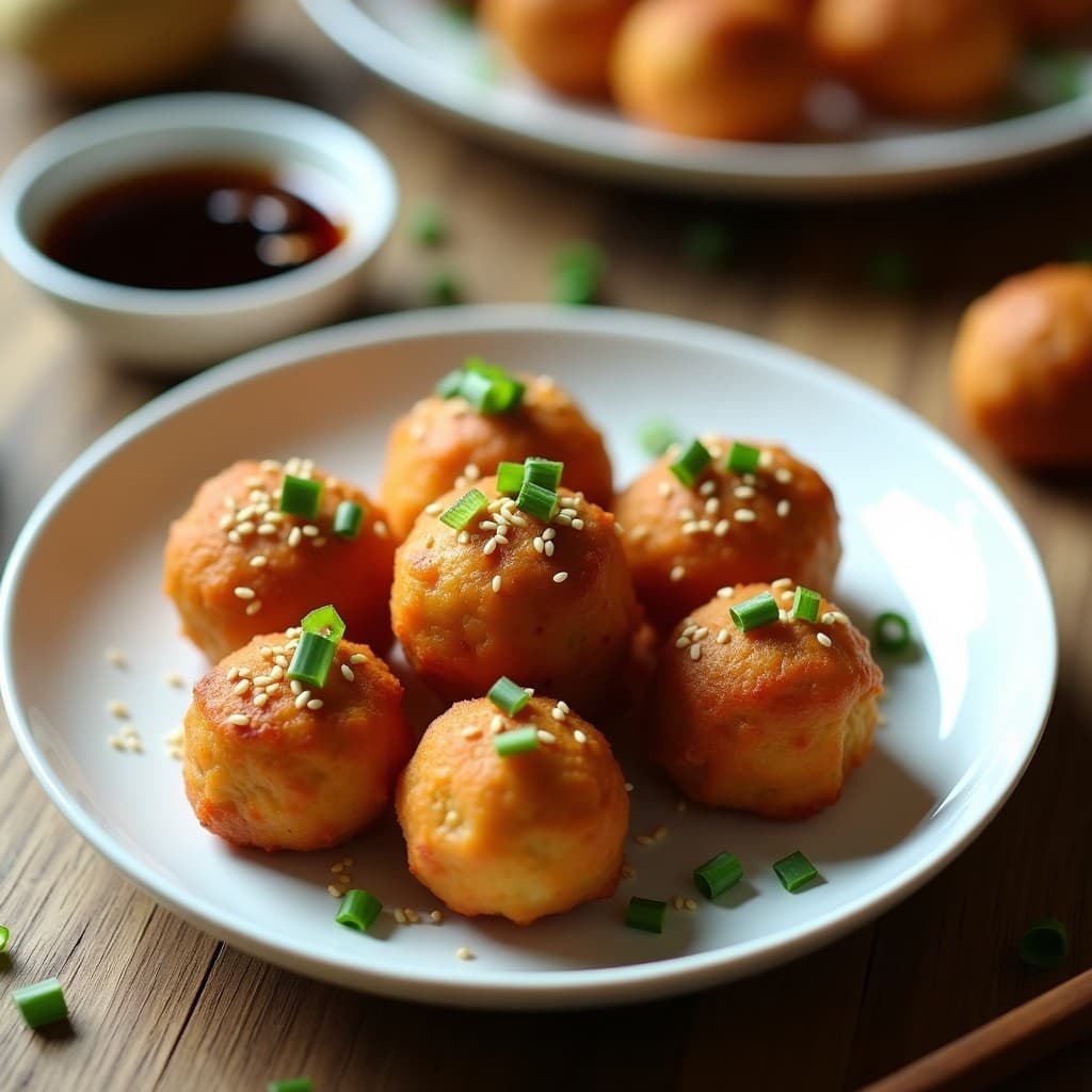 Albóndigas de Shanghai veganas doradas en Airfryer, con tofu y castañas de agua, servidas en plato blanco con semillas de sésamo y cebollino, acompañadas de salsa de soja.