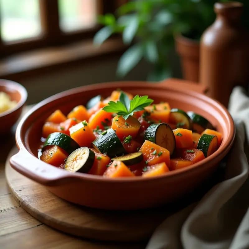 Plato hondo de barro con alboronía de berenjena y calabacín andaluza, verduras sofritas en salsa de tomate, trozos de berenjena y calabacín tiernos, decorado con perejil fresco.