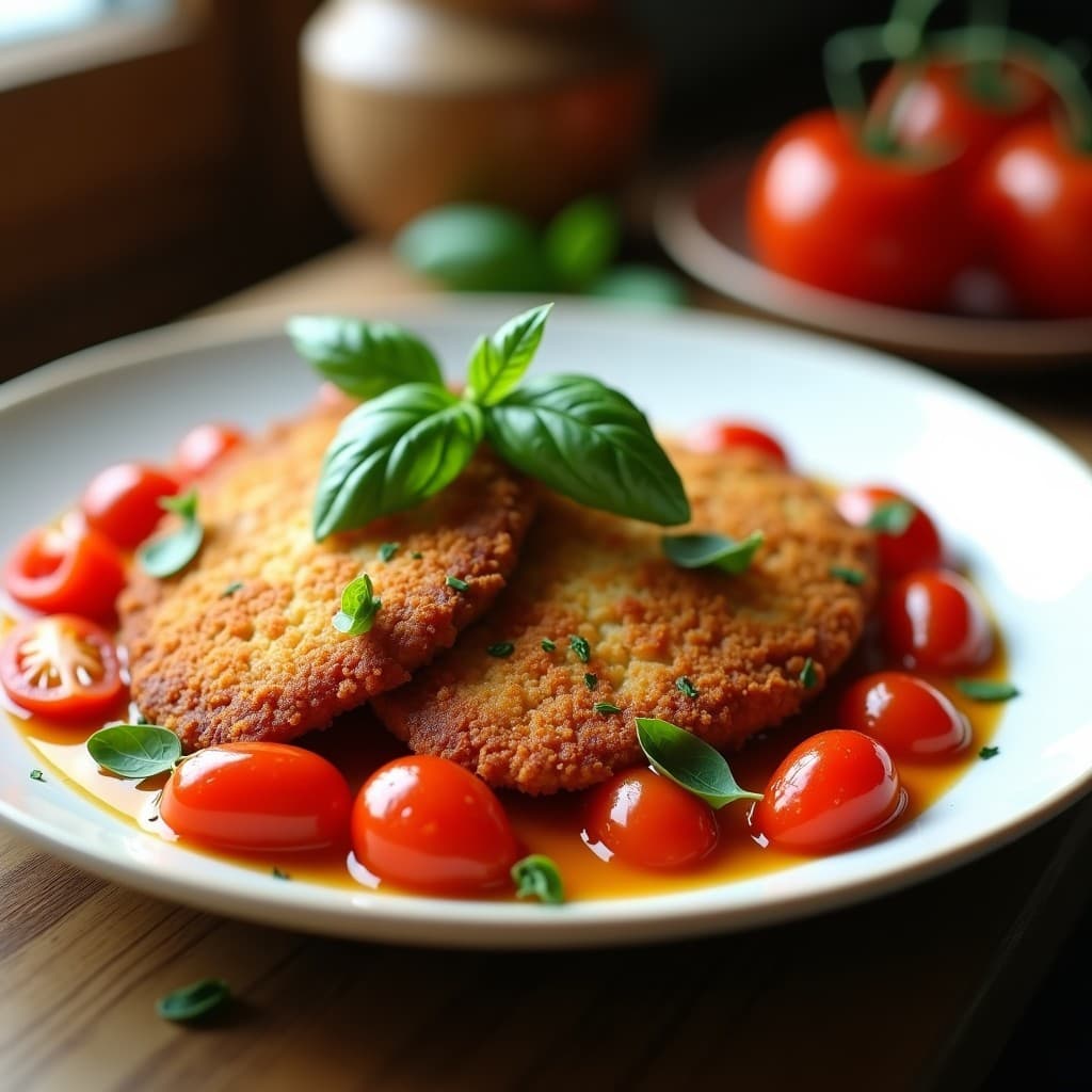 Plato francés de album de pollo empanizado con hierbas provenzales, acompañado de tomates cherry salteados y albahaca fresca, servido en un plato blanco rústico con fondo de madera.