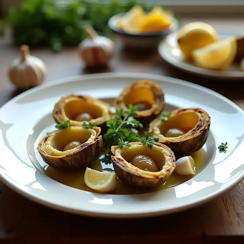 Plato blanco con alcachofas a la plancha doradas, almejas abiertas y ajos asados, decorado con perejil fresco y un chorrito de aceite de oliva. Receta de alcachofas a la plancha con almejas y ajo, lista para servir.