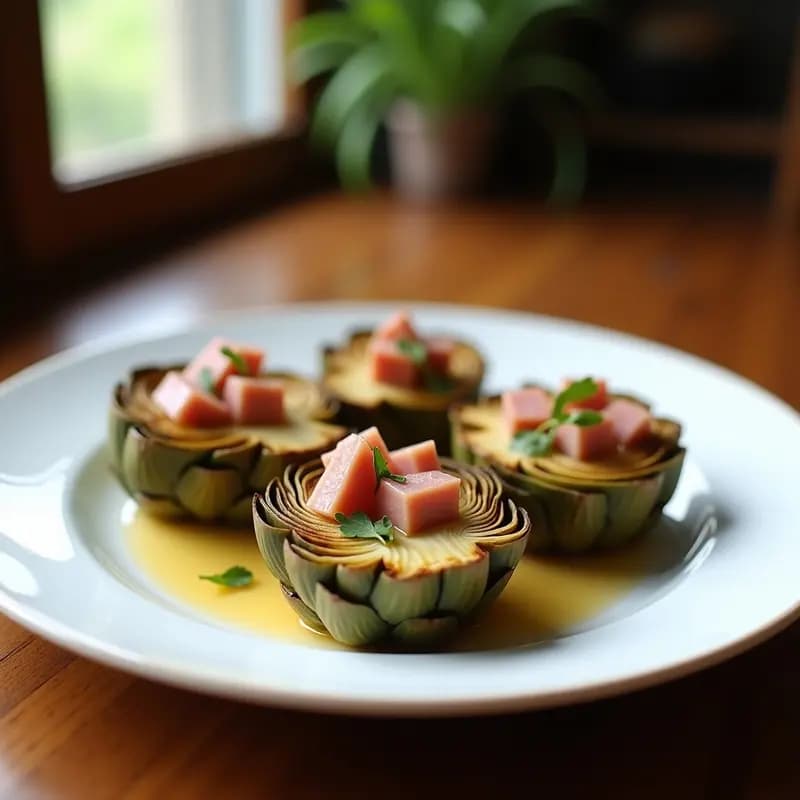 Plato blanco con alcachofas a la plancha doradas, adornadas con taquitos de jamón serrano y perejil fresco, sobre fondo rústico de madera. Entrante ligero y elegante de cocina española.