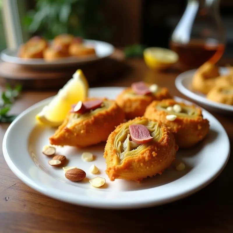 Alcauciles rebozados dorados y crujientes rellenos de jamón serrano y almendras fileteadas, servidos en plato blanco con rodaja de limón. Entrante navarro tradicional elegante y apetitoso.