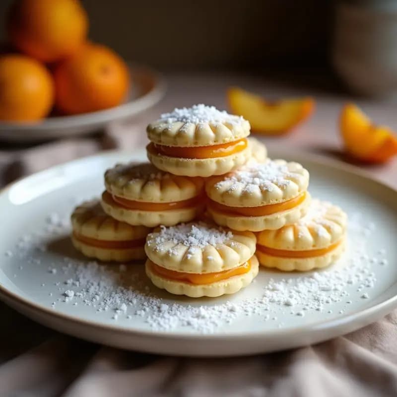Alfajores argentinos de maicena y mermelada de membrillo apilados en un plato blanco rústico, espolvoreados con azúcar impalpable y coco rallado, con trocitos de membrillo visibles en el relleno.