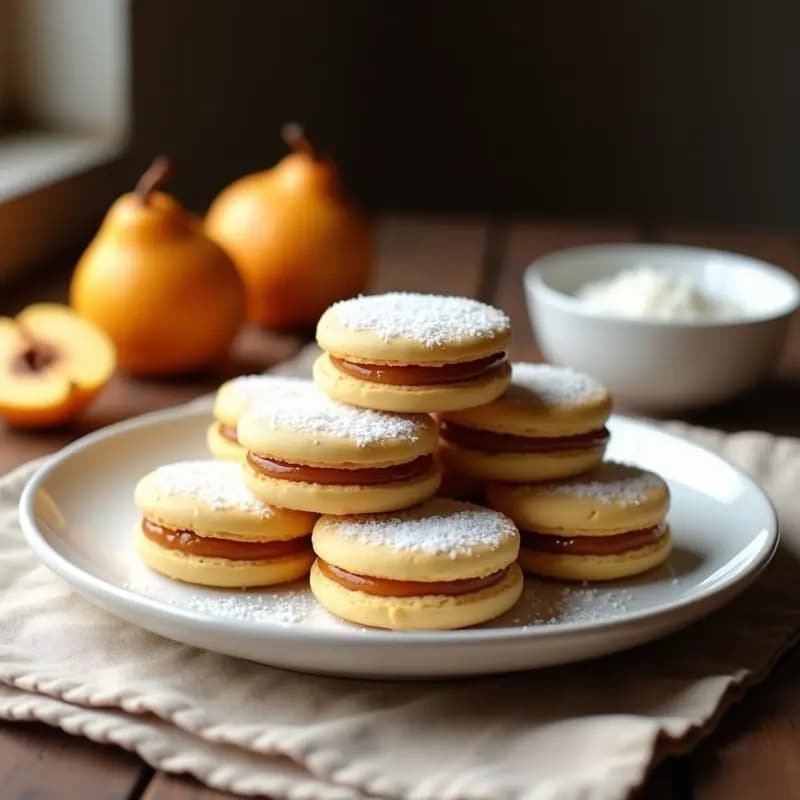 Alfajores argentinos de maicena y dulce de membrillo sin TACC apilados en un plato blanco rústico, con coco rallado en los bordes y un fondo de tela de lino beige. Postre tradicional apto para celíacos.