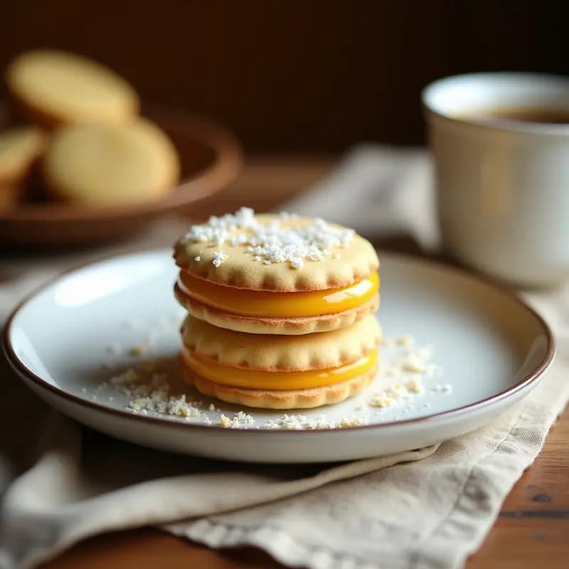Alfajores peruanos de maicena y dulce de lúculo apilados en un plato de cerámica blanca, con coco rallado en los bordes y un fondo rústico de madera oscura. Postre tradicional sin harina con textura suave y relleno dorado.