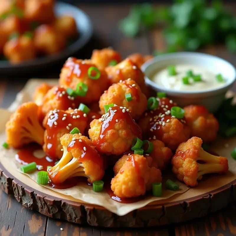 Plato de alitas de coliflor doradas y crujientes bañadas en salsa barbacoa con trozos de jackfruit desmenuzado y glaseado, acompañadas de ramitas de apio y zanahoria rallada. Receta vegana finger food en airfryer.