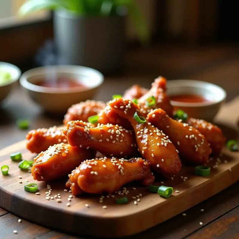 Plato de alitas de pollo doradas y crujientes bañadas en un glaseado teriyaki brillante y espeso, espolvoreadas con semillas de sésamo tostadas. Fondos de cebollino fresco y un cuenco con salsa extra para mojar.