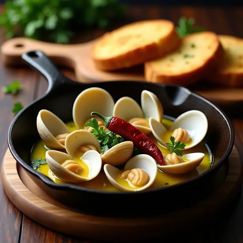 Sartén de hierro con almejas al ajillo, bañadas en aceite de oliva dorado con ajos, guindilla y perejil. Acompañadas de rebanadas de pan tostado crujiente sobre una mesa rústica de madera. Receta de tapa de marisco rápida y tradicional.