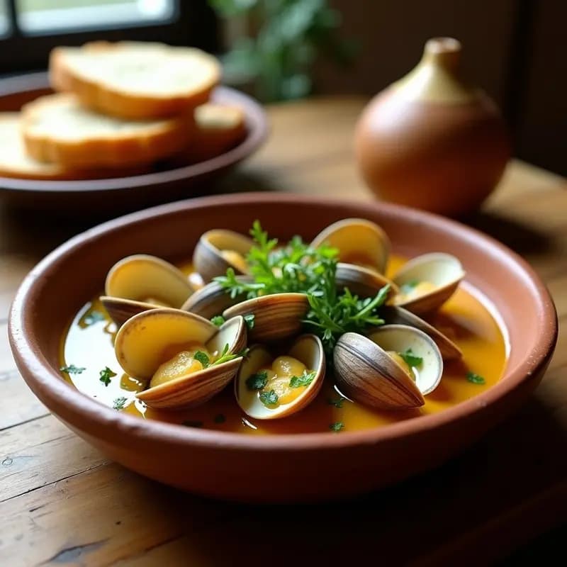 Plato hondo de barro con almejas a la marinera, salsa espesa con ajo y perejil, servidas con rebanadas de pan rústico para mojar. Receta tradicional gallega de almejas a la marinera con ajo y perejil.