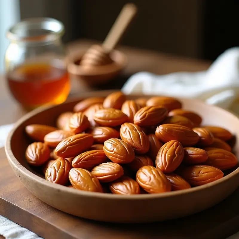 Bandeja de madera con Almendras de Dragón con Miel y Canela, doradas y brillantes, dispuestas en círculos concéntricos. El glaseado caramelizado resplandece bajo la luz, mostrando su textura crujiente y los tonos ámbar de la miel. Al fondo, una cucharita de canela en polvo y un tarro de miel abiertos, sobre un paño de lino blanco.