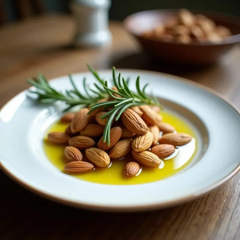 Bol de madera rústico lleno de almendras fritas doradas con trocitos verdes de romero fresco y cristales de sal marina gruesa. Aperitivo andaluz crujiente y aromático sobre fondo de tela de lino beige.