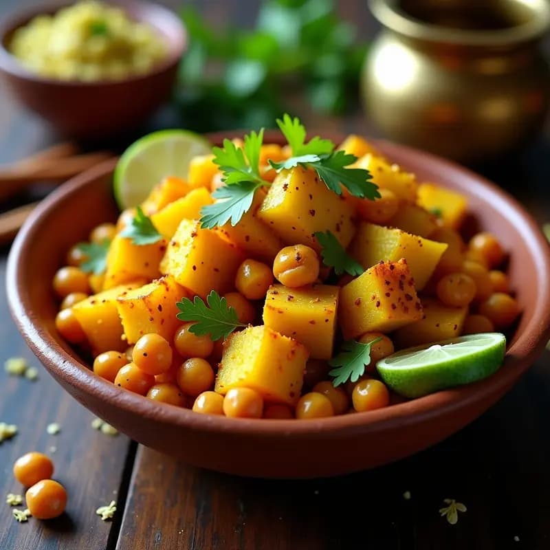 Plato hondo de barro con aloo gobi con garbanzos: trozos dorados de patata y coliflor salteados con garbanzos, especias indias y cilantro fresco, sobre fondo rústico de madera oscura.