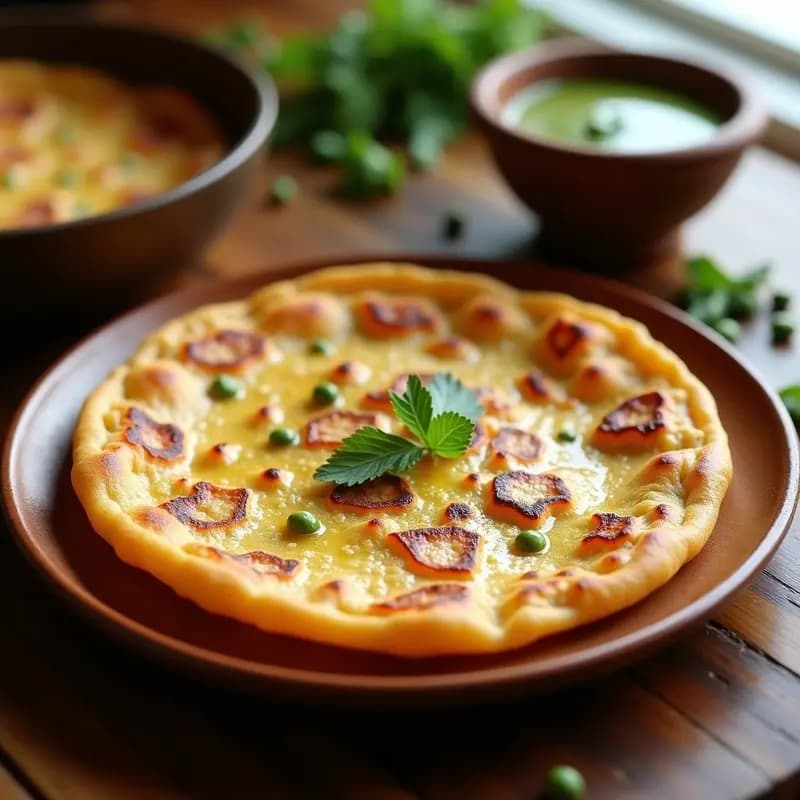 Aloo paratha dorado y crujiente en airfryer, relleno de batata y guisantes, espolvoreado con semillas de sésamo y cilantro fresco, servido en plato de barro con chutney de menta al lado.