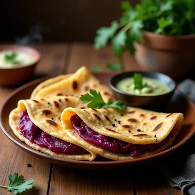 Aloo paratha dorados y crujientes, rellenos de batata morada, dispuestos en un plato de madera con semillas de sésamo negro y cilantro fresco. Receta de pan indio plano en sartén antiadherente con comino.