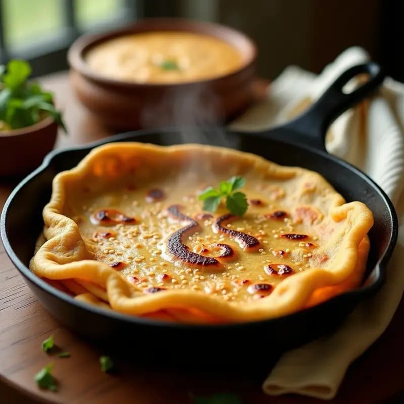 Aloos Paratha dorado y crujiente en sartén, relleno de patata y especias, con semillas de sésamo y cilantro fresco, servido con chutney verde. Desayuno indio sin gluten.