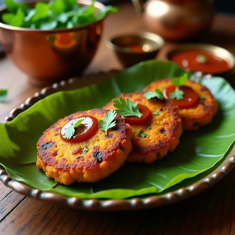 Plato blanco con dos Aloo Tikki de boniato y guisantes doradas y crujientes, acompañadas de un chutney de tamarindo brillante en un bol pequeño. Decoradas con hojas de cilantro fresco y rodajas de cebolla morada. Fondo con especias indias y textura rústica.